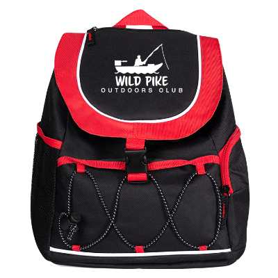 Red backpack cooler with custom logo.