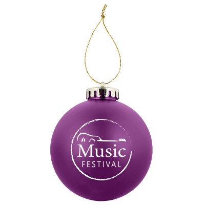 Purple plastic ornament with a custom logo