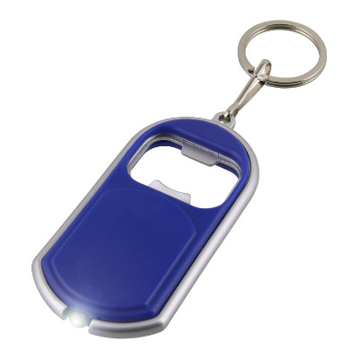 Plastic lime green keychain light with metal bottle opener blank.