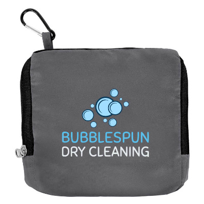 Gray polyester laundry bag with a custom logo.
