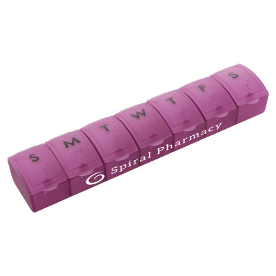 Purple plastic pill case with a custom imprint.