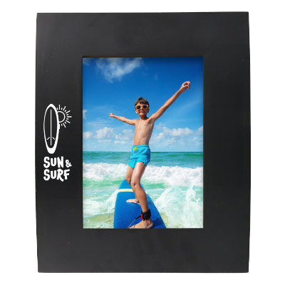 Black wooden picture frame with a branded imprint.