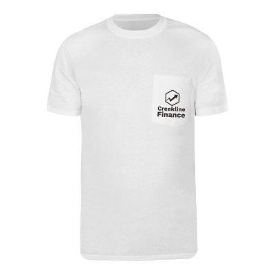 Custom white pocket tee with logo.