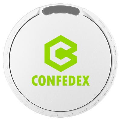 White plastic wireless charger with a custom imprint.
