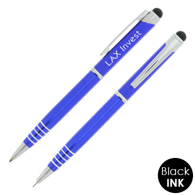 Blue custom engraved logo writing set.