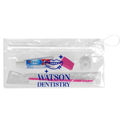 Pink plastic toothbrush with a custom imprint.