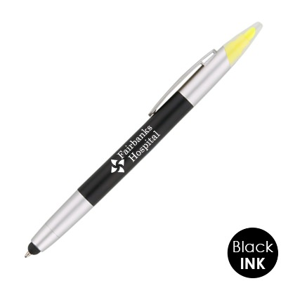 Plastic jenn pen with highlighter and stylus