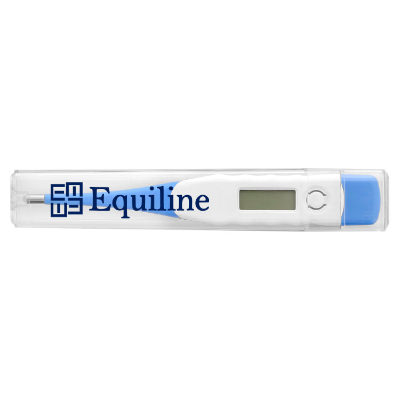 White with blue plastic thermometer with a custom logo.