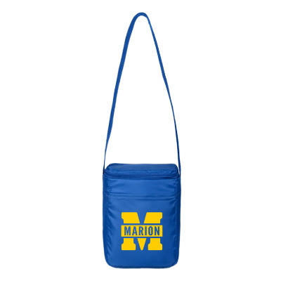 Blue polyester cooler with a customized logo.