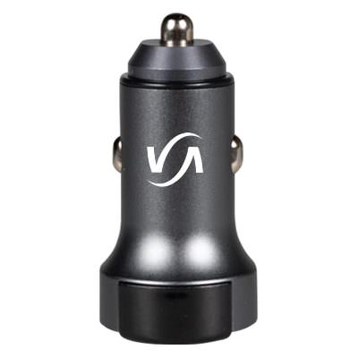 ihub™ USB-C gunmetal car charger with promotional logo.