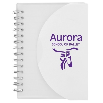 Customized white notebook with fold over closure.