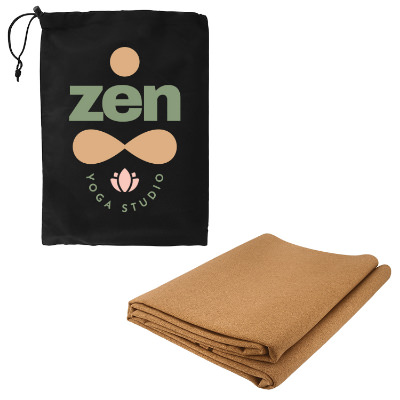 Cork yoga mat with custom full color logo on case.