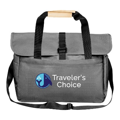 Gray messenger bag with accented handle and full-color imprint.