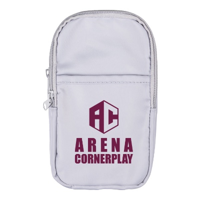 Gray customized fanny pack with maroon imprint.