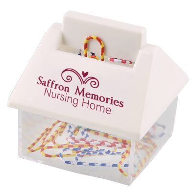 Clear plastic house with a white roof paperclip dispenser with assorted colored paperclips with custom promotional imprint.