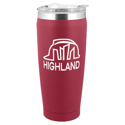 Red tumbler with custom logo in 20 oz.