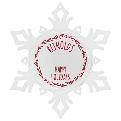 Clear plastic ornament with a branded logo