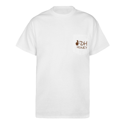 Personalized white unisex pocket adult tee with logo.