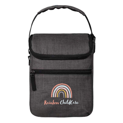Charcoal polyester cooler with a personalized logo.