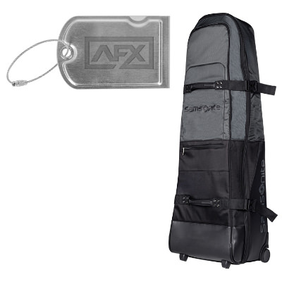Black soft travel golf bag with luggage tag and custom engraved logo.