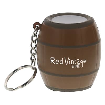 Foam cask stress ball key ring logoed with a custom imprint.