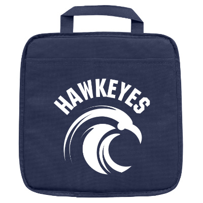 Navy polyester chair with a custom logo.