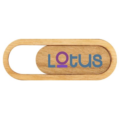 Wood webcam cover with a custom logo.