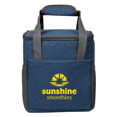 Blue polyester cooler with a customized logo.