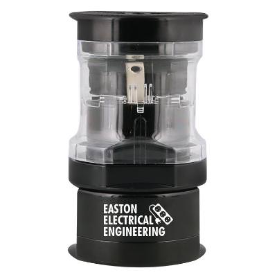Plastic black power adapter with imprinted logo.