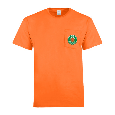 Safety orange pokcet t-shirt with personalized full color logo.
