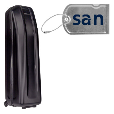 Black hard travel golf bag with luggage tag and custom logo.