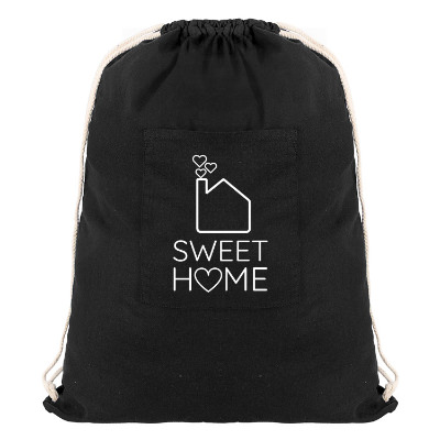 Black cotton laundry bag with a personalized logo.