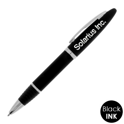 Rubber finish and chrome accent pen with custom imprint.
