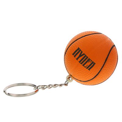 Foam basketball stress ball key ring with a printed logo.