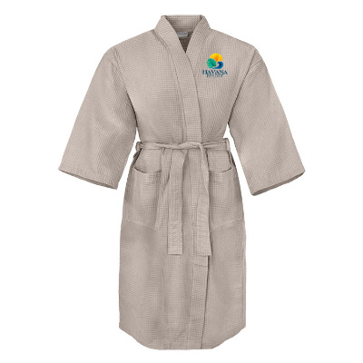 Cotton latte robe with custom full-color logo.
