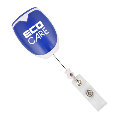 Plastic blue pedometer badge reel with custom logo.