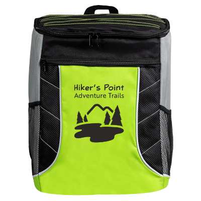 Green backpack cooler with custom logo.
