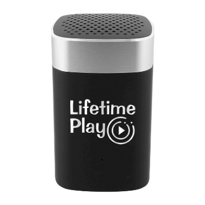 Silver plastic speaker with a custom logo.