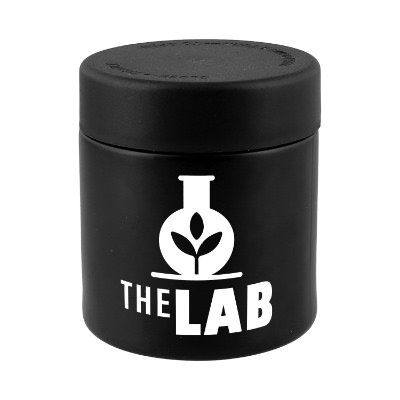 Black glass jar with custom logo.