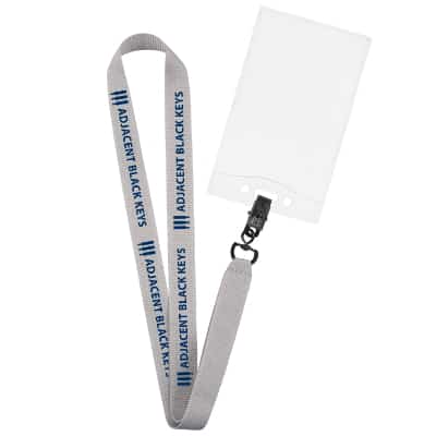 3/4 inch gray grosgrain polyester lanyard with custom design, swivel bulldog clip and event badge holder.