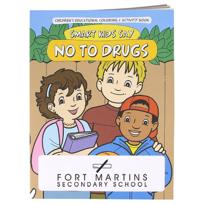Multicolored paper coloring book with a custom imprint.