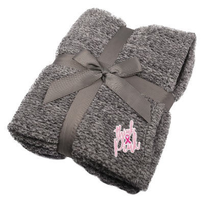 Gray interwoven flannel blanket with custom design.