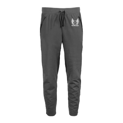 Branded graphite jogger with custom logo.