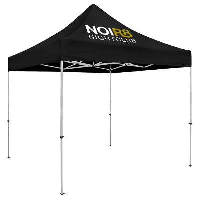 Black 10-ft. tent with custom imprint.