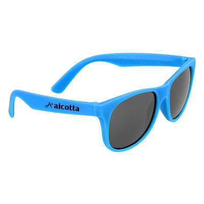 Blue plastic sunglasses with a custom imprint.