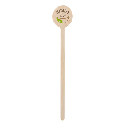 Wooden stir stick with a personalized logo.