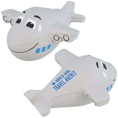 Foam smiley airplane stress ball with custom logo.