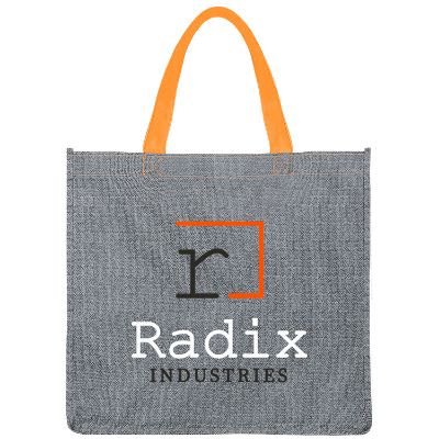 Polypropylene orange heathered tote bag with custom full color logo.