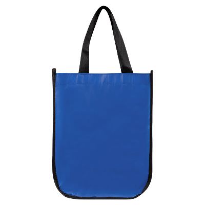 Laminated polypropylene blue star struck tote blank.