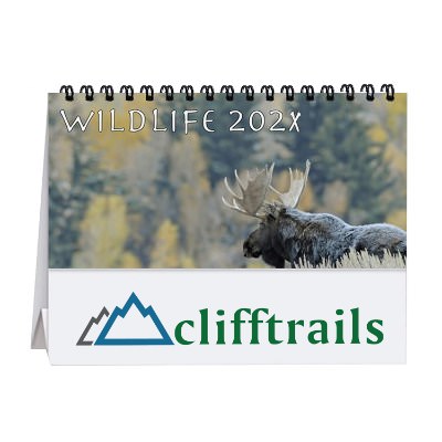 Tent desk calendar with photos of assorted wildlife with personalized full color logo.